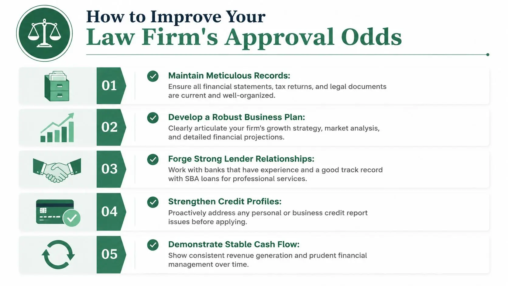 An infographic titled How to Improve Your Law Firm's Approval Odds listing five steps for securing business financing.
