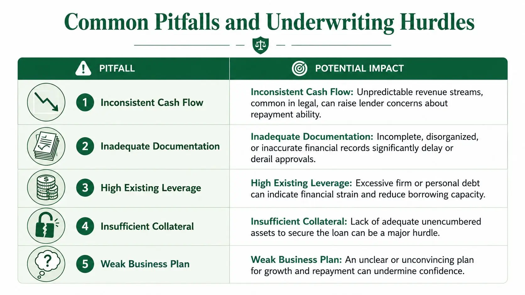 A table outlining five common business loan pitfalls and their potential impacts on the underwriting process.