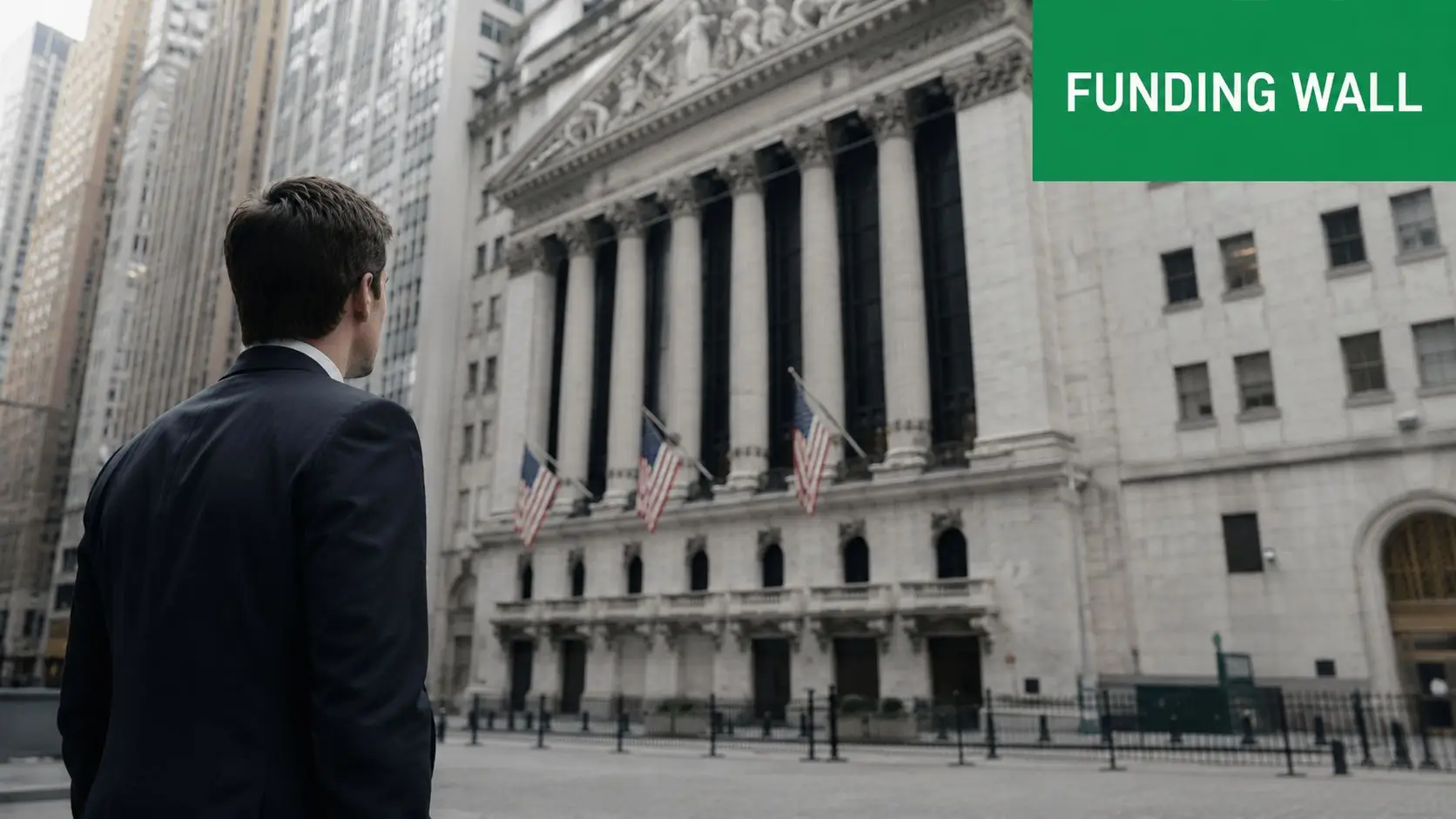 A professional man in a business suit looking at the New York Stock Exchange building.