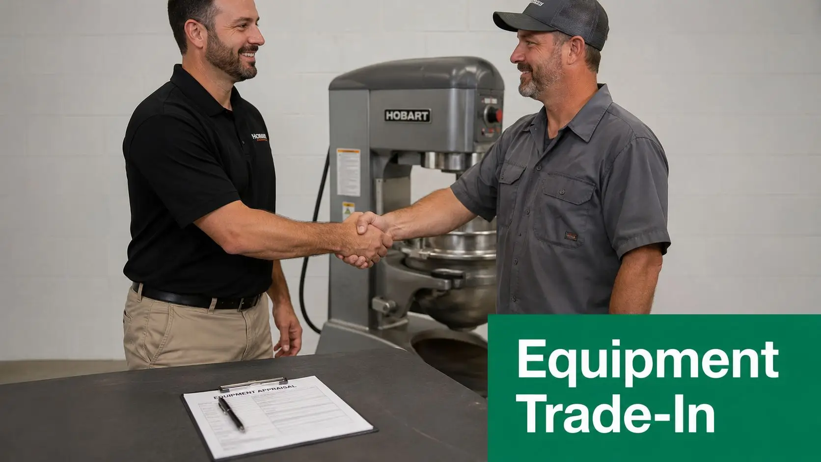 A professional man and a technician shaking hands in front of a Hobart commercial food mixer.