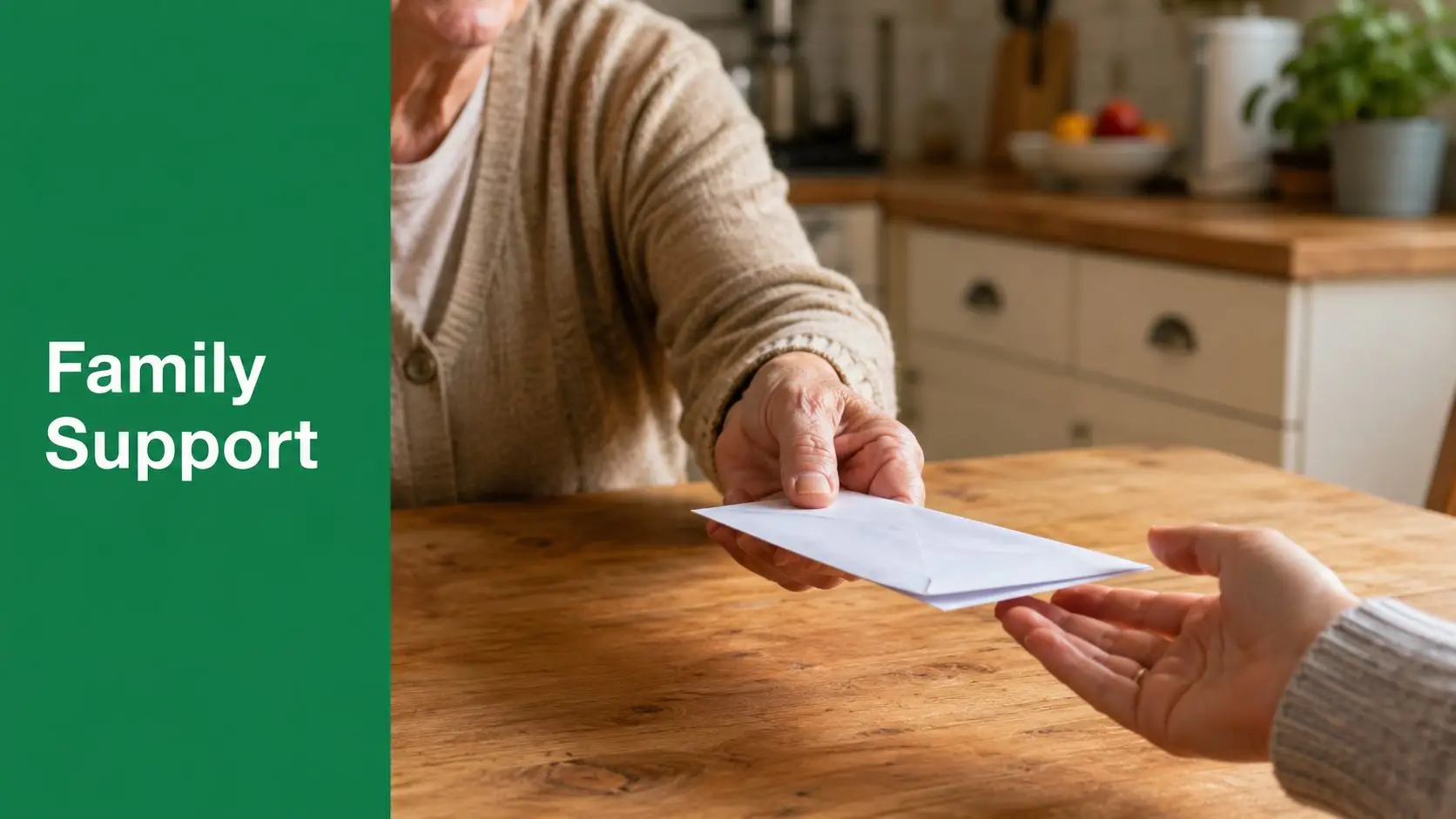 An elderly person hands a white envelope to a younger person, representing family financial support.