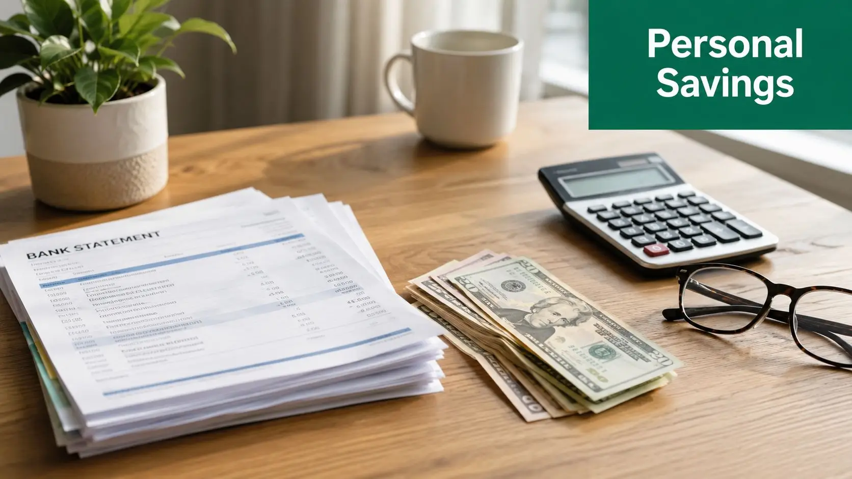 A wooden table displaying a stack of bank statements, cash, a calculator, and eyeglasses for savings planning.