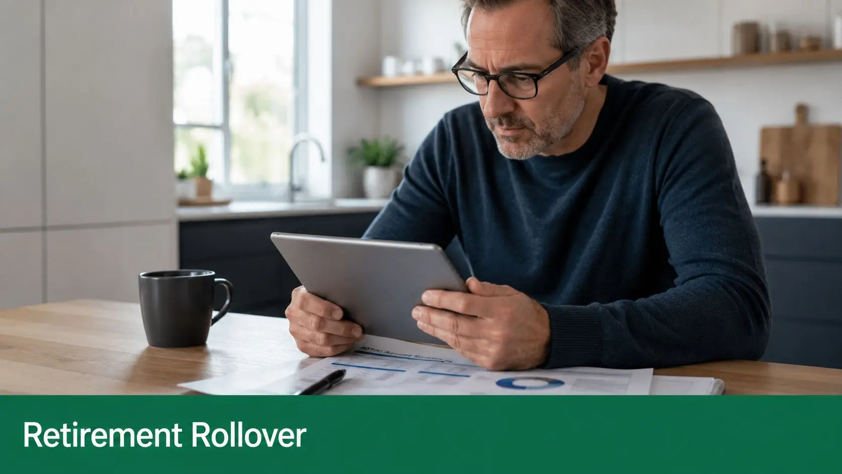 A middle-aged man with glasses reviews his retirement account documents while using a tablet at home.