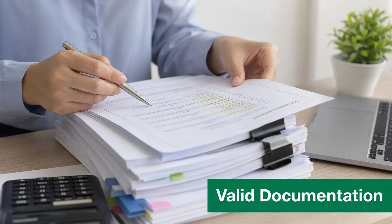 A professional reviewing a large stack of documents with a checklist, highlighting items while working at a desk.
