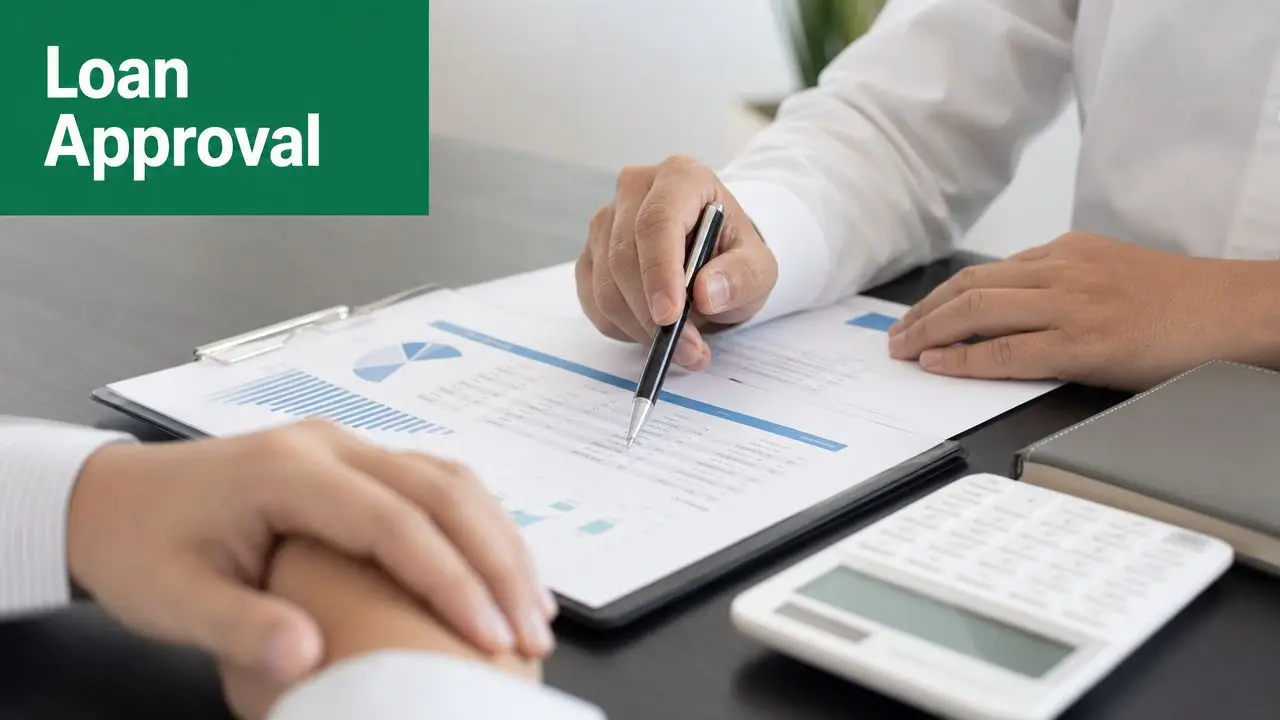 A professional advisor reviewing financial loan documents and charts with a client during an approval meeting.