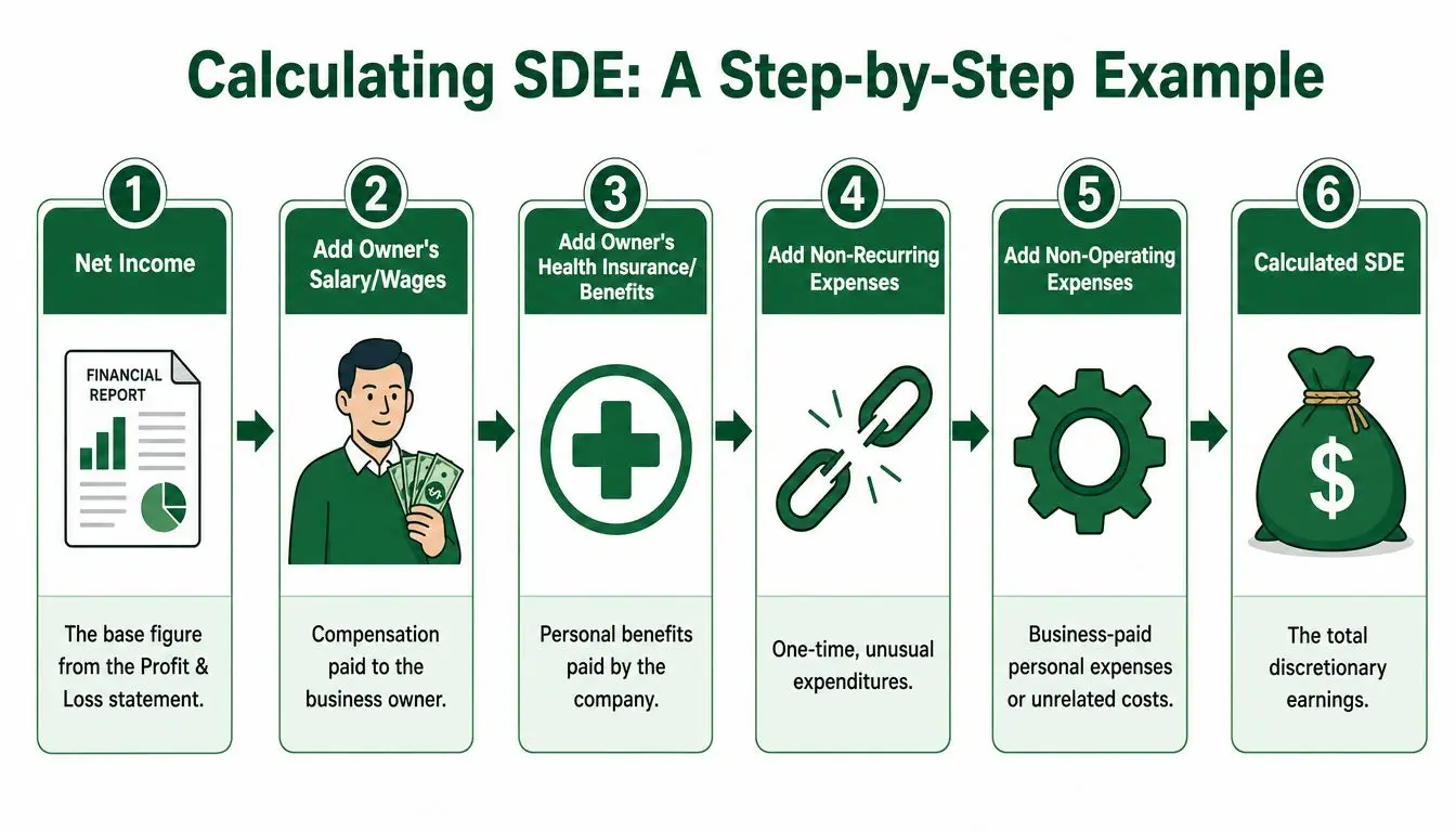 A six-step infographic explaining how to calculate Seller Discretionary Earnings using financial data adjustments.