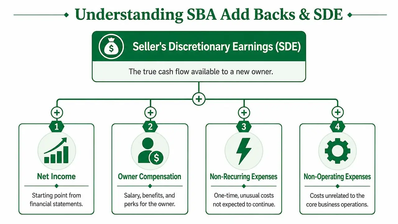 A diagram illustrating how to calculate Seller's Discretionary Earnings by adding net income, owner compensation, and various expenses.