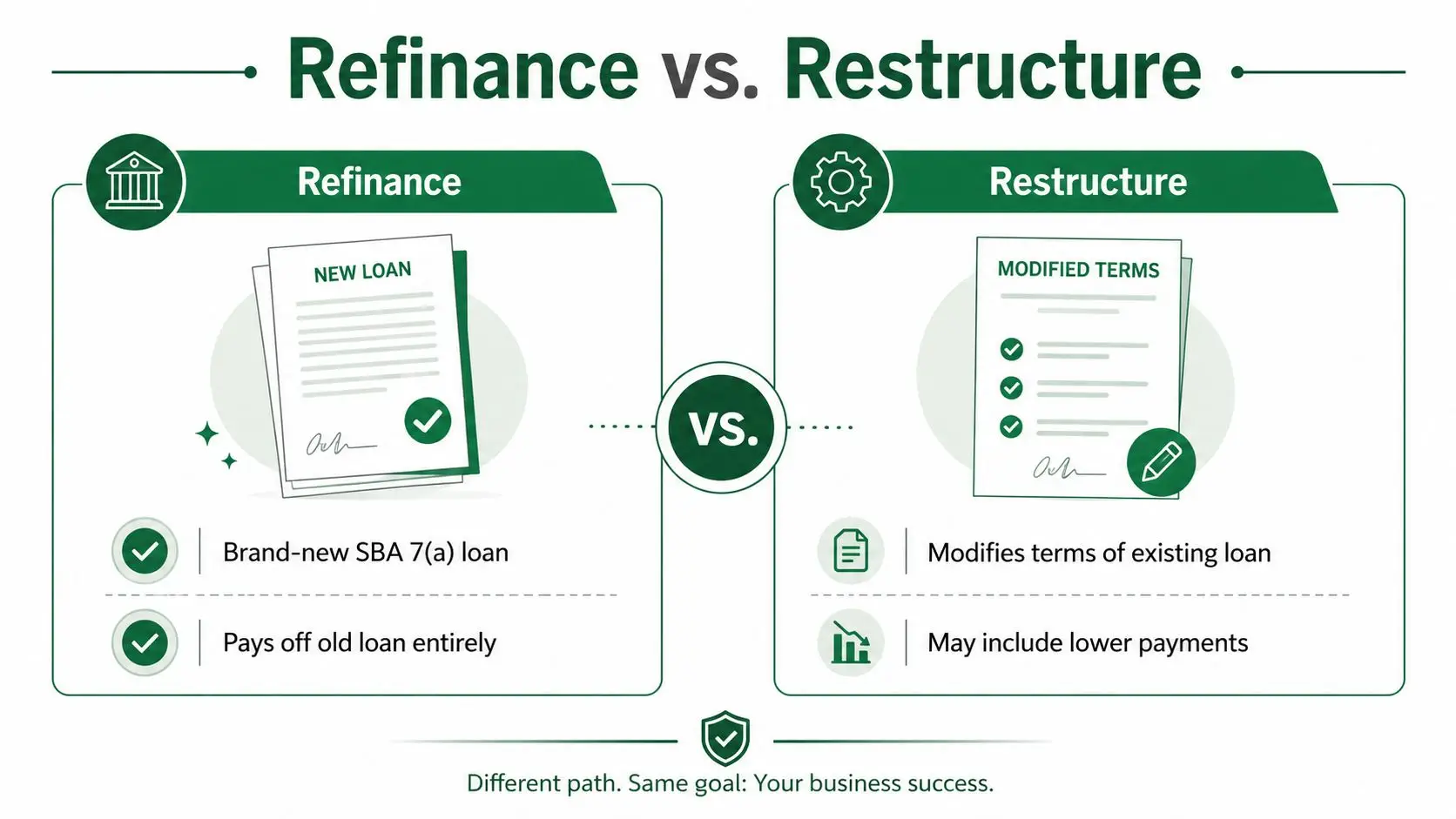 A comparison chart showing the differences between refinancing and restructuring a small business loan.