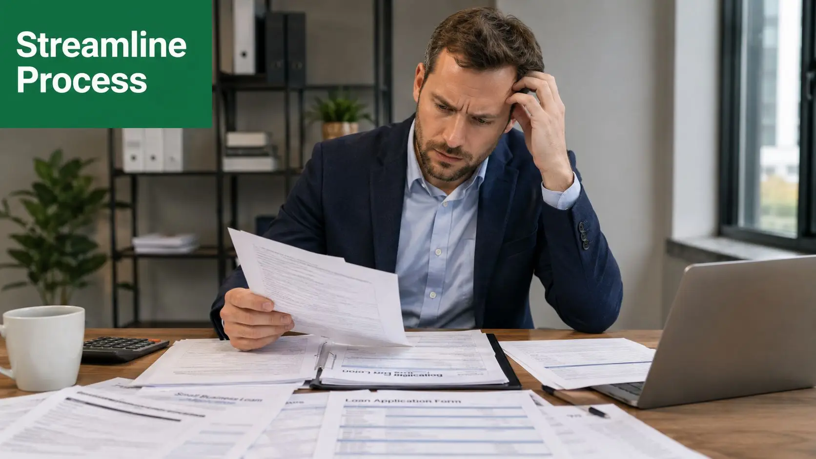 A stressed businessman reviewing complex loan application paperwork while sitting at his desk in an office.