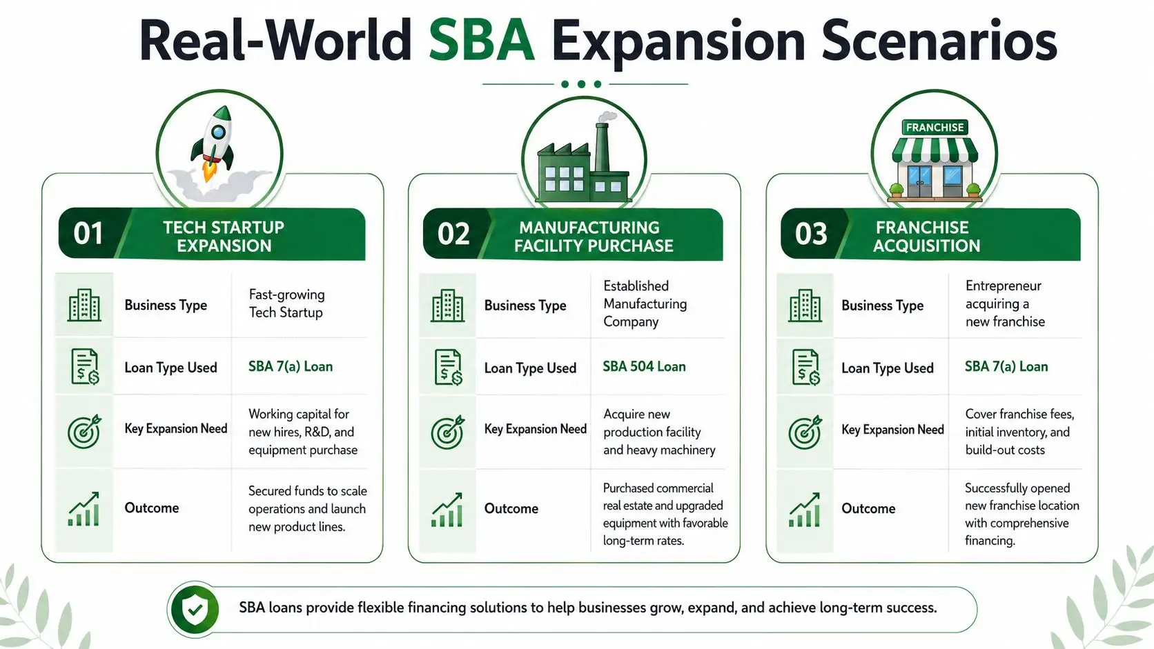 An infographic showing three real-world business expansion scenarios using different types of Small Business Administration loans.