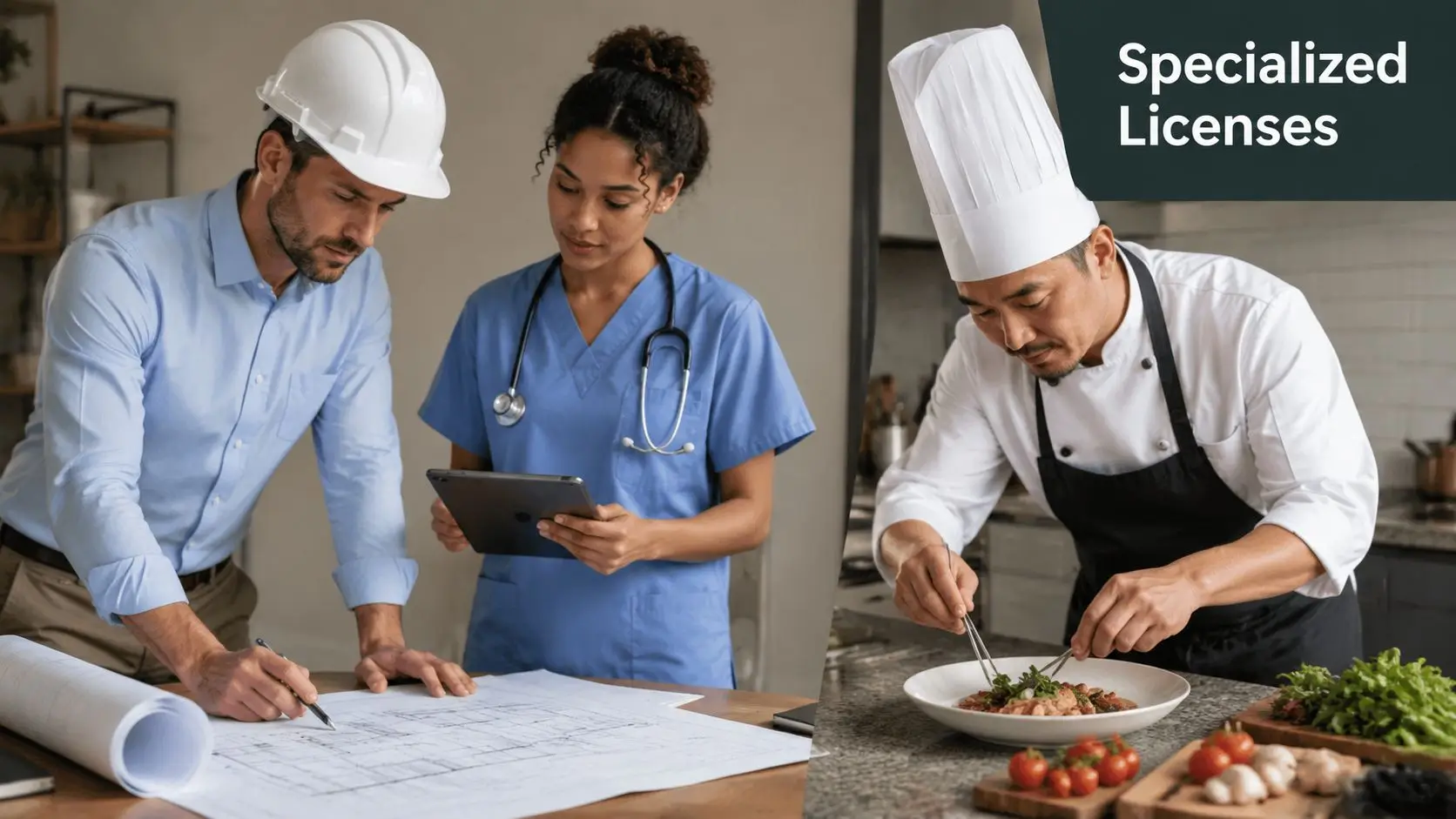 A construction engineer, a medical professional, and a chef working in their respective professional environments.