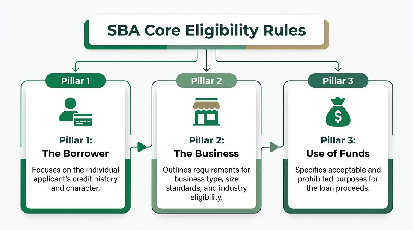 A diagram illustrating the three core pillars of SBA loan eligibility: the borrower, the business, and use of funds.