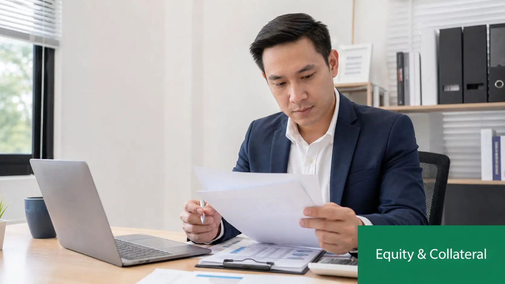 A professional man in a business suit reviewing financial documents at his office desk with a laptop.