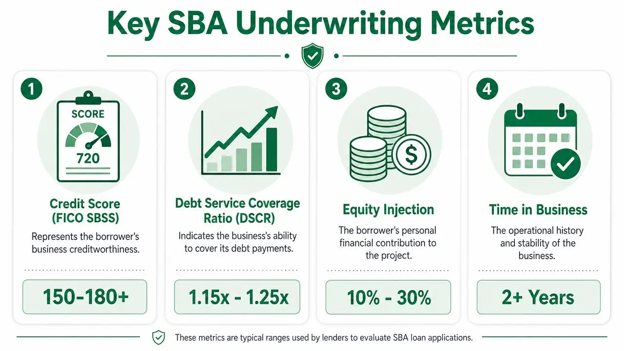 An infographic showing four key SBA underwriting metrics for loan applications including credit scores, DSCR, equity, and time.