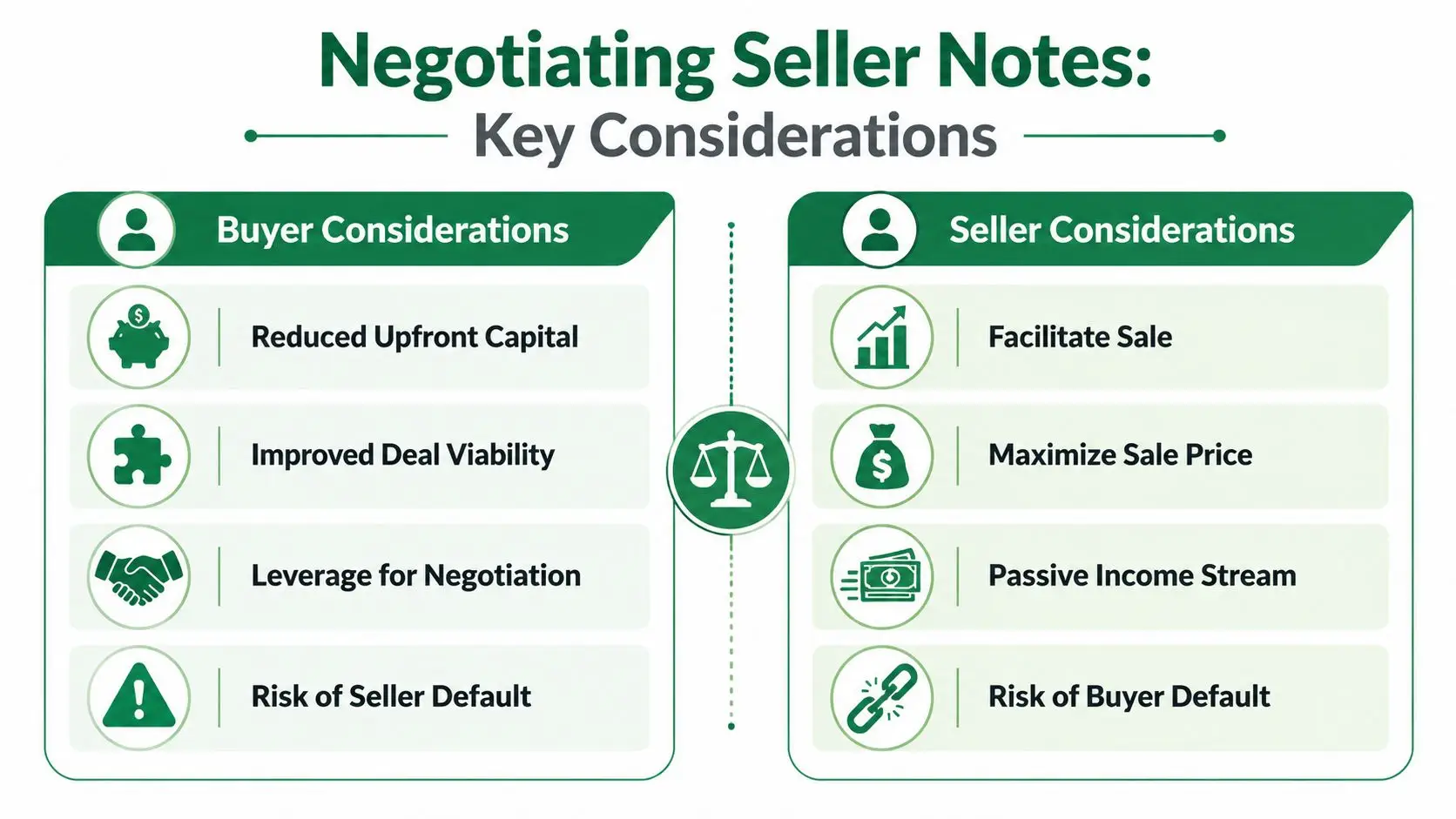 A comparison chart outlining the key considerations for both buyers and sellers when negotiating seller notes.