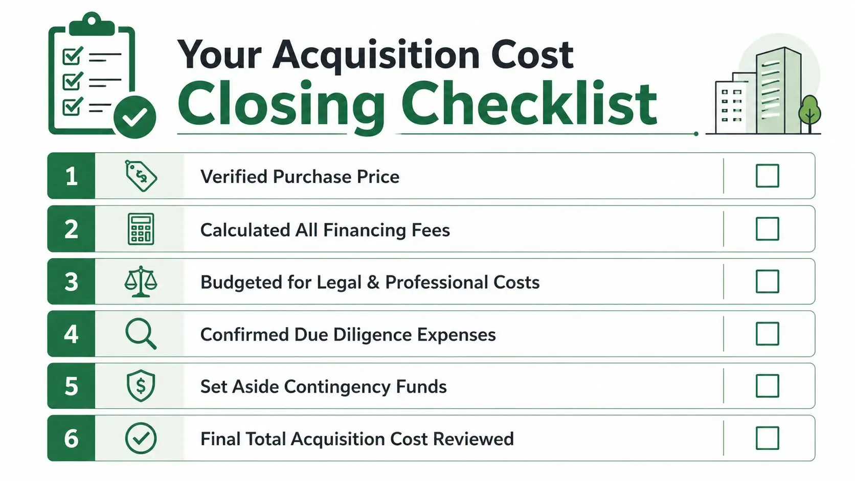 A checklist for acquisition costs displaying six essential steps for business property purchase financial planning.