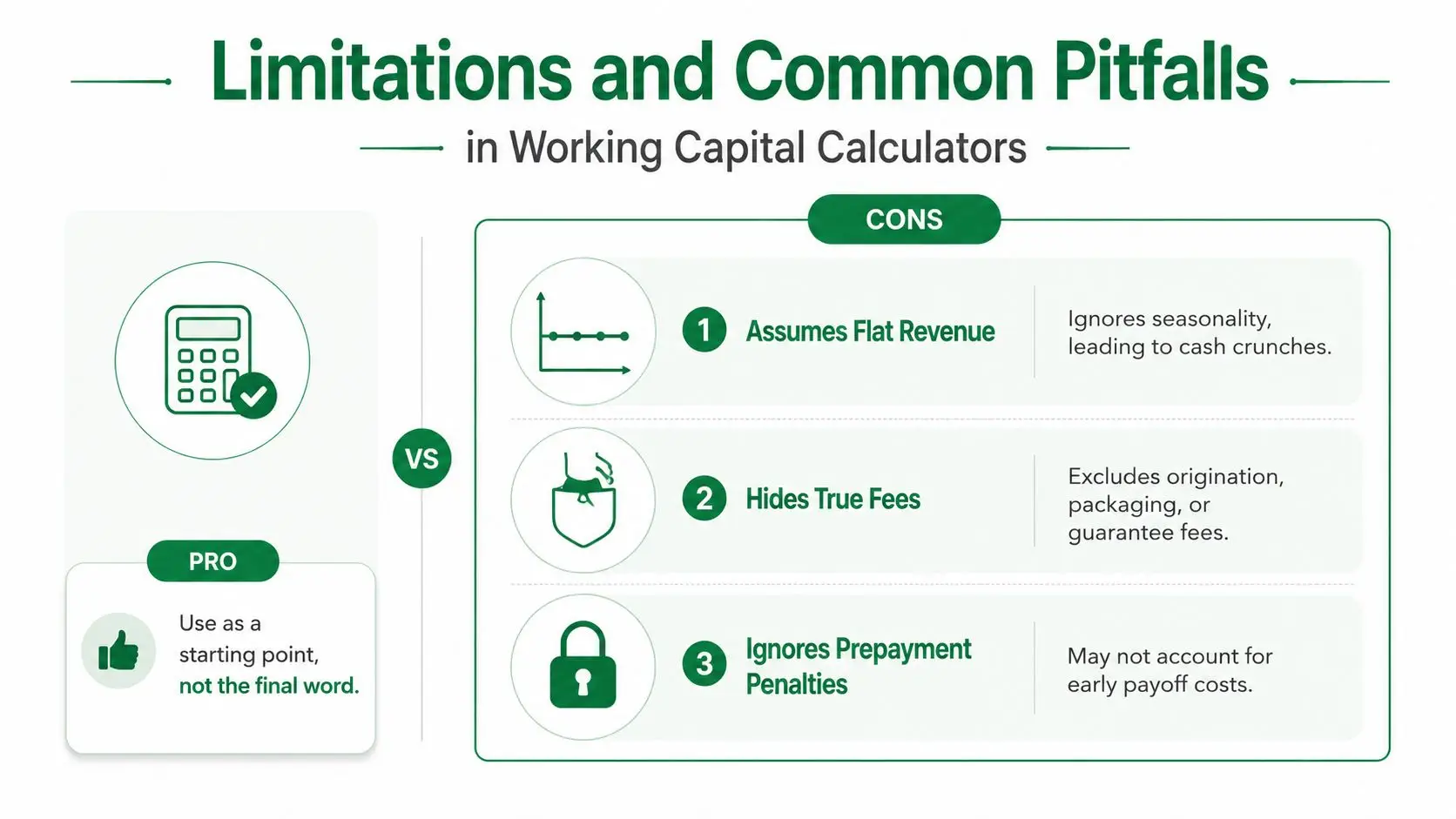 An infographic showing the pros and cons of using online working capital loan calculators for businesses.