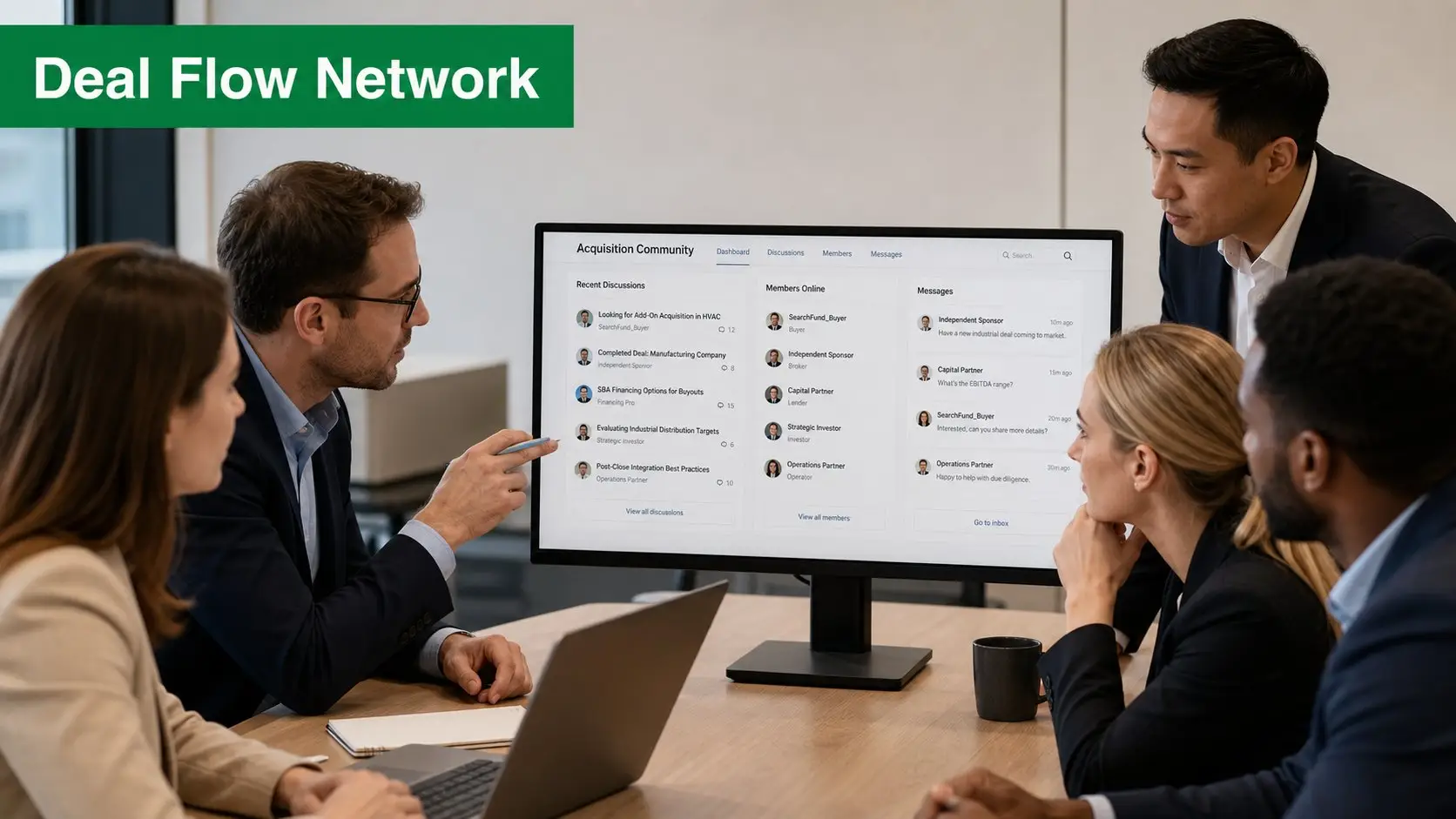 A professional business networking graphic for an online acquisition community platform, showing buyers, brokers, lender