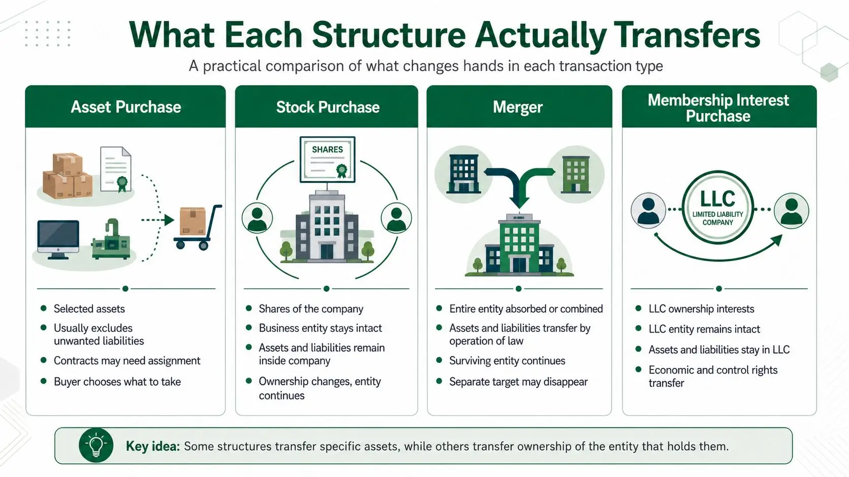 A comparison chart explaining the differences between asset purchase, stock purchase, merger, and membership interest purchase transactions.