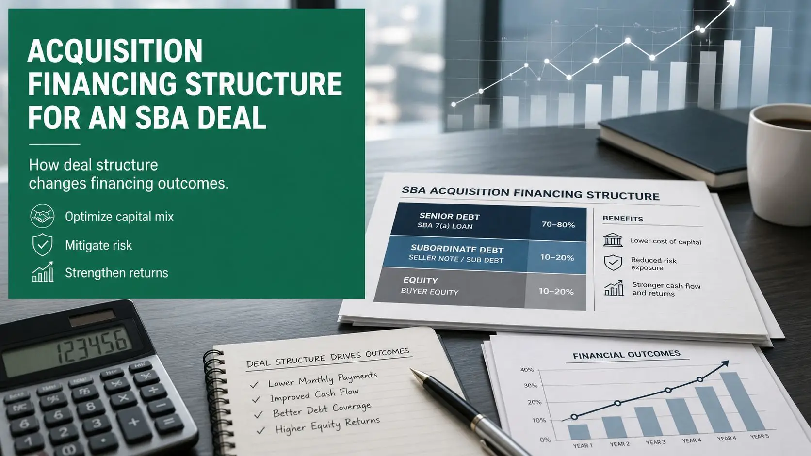 An infographic detailing the acquisition financing structure for an SBA deal, including debt ratios and financial outcomes.