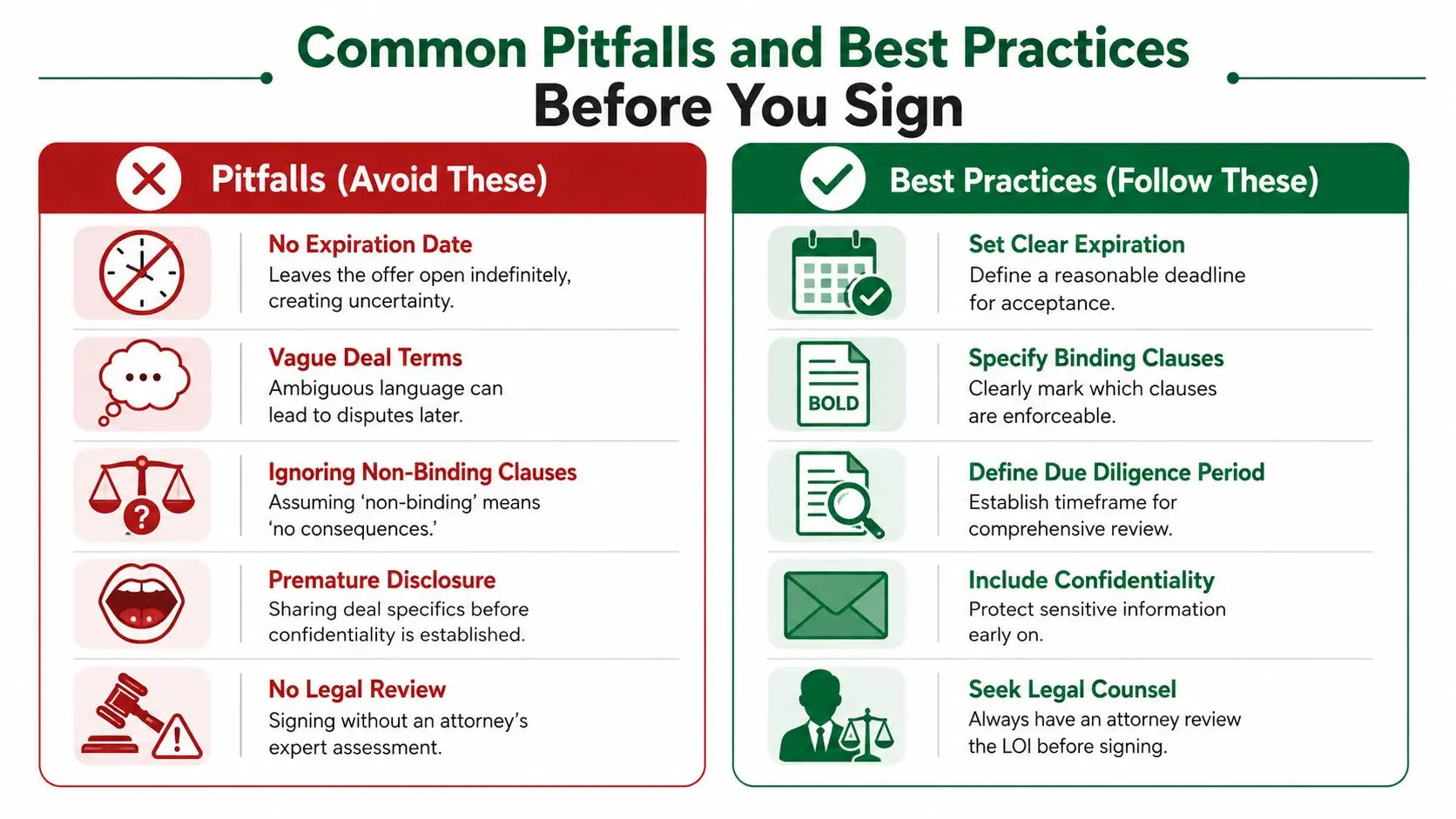 A comparison chart highlighting five key pitfalls and best practices for signing a letter of intent.