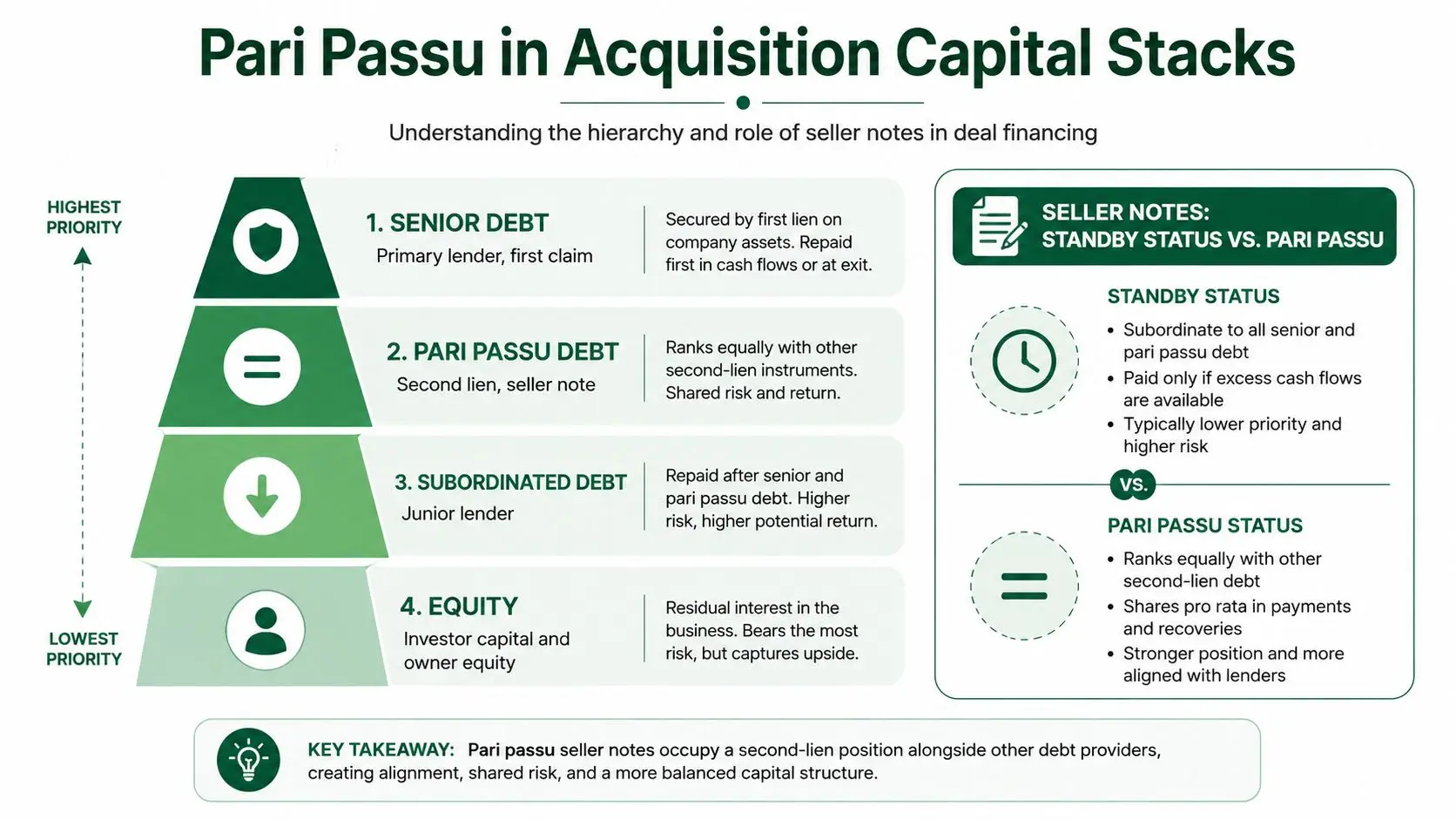 A pyramid chart illustrating the hierarchy of capital stacks from senior debt to equity with seller notes highlighted.