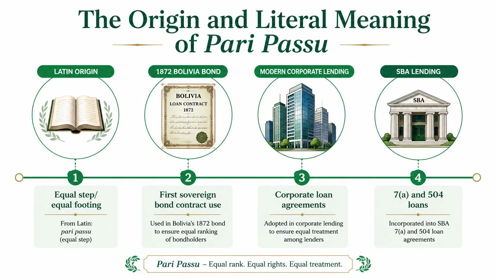 A flowchart showing the history and definition of the term Pari Passu from Latin to modern lending.