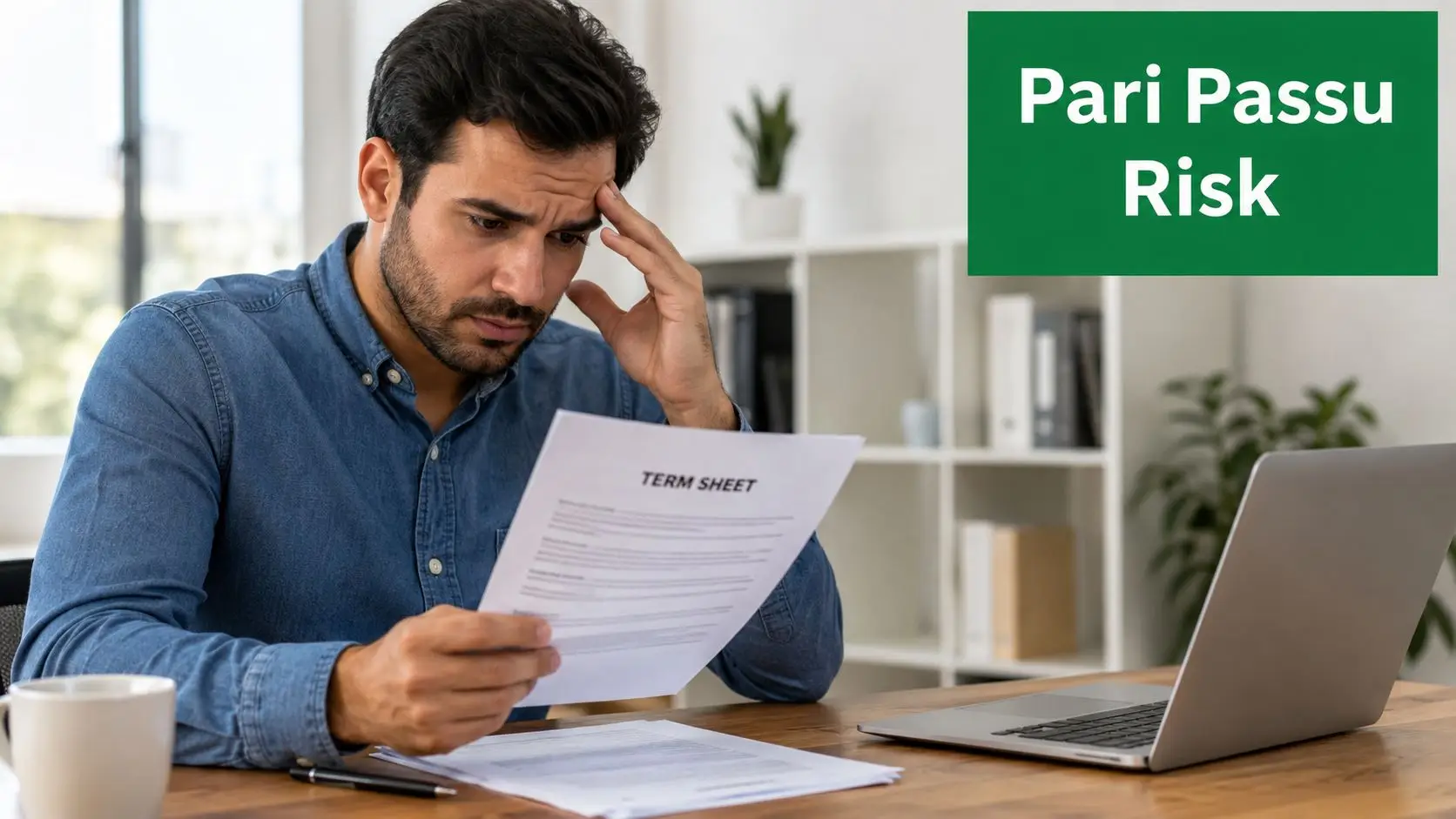 A concerned businessman looking at a term sheet document while working on his laptop at home.