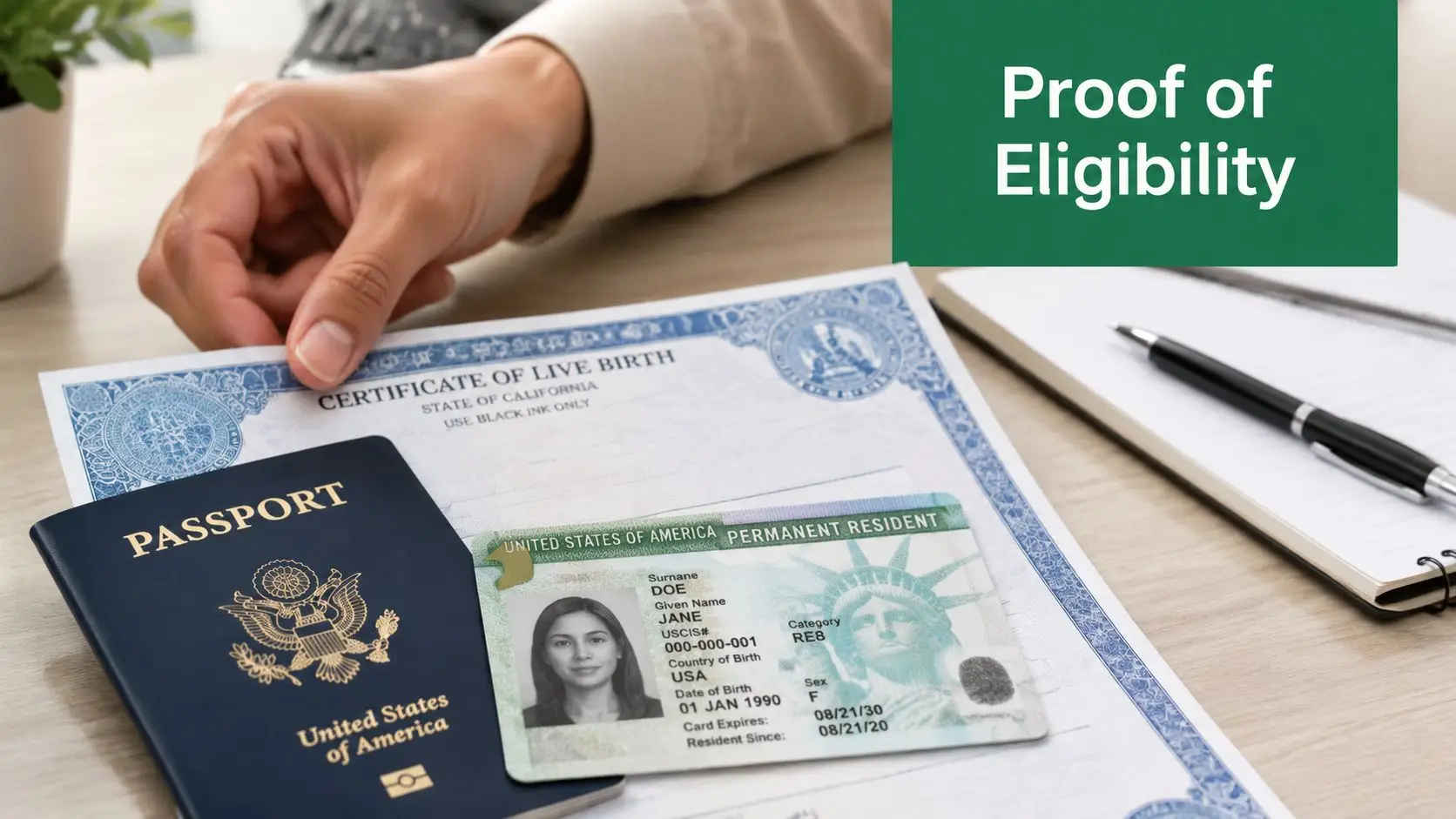 A hand holding a birth certificate next to a passport and permanent resident card on a desk.
