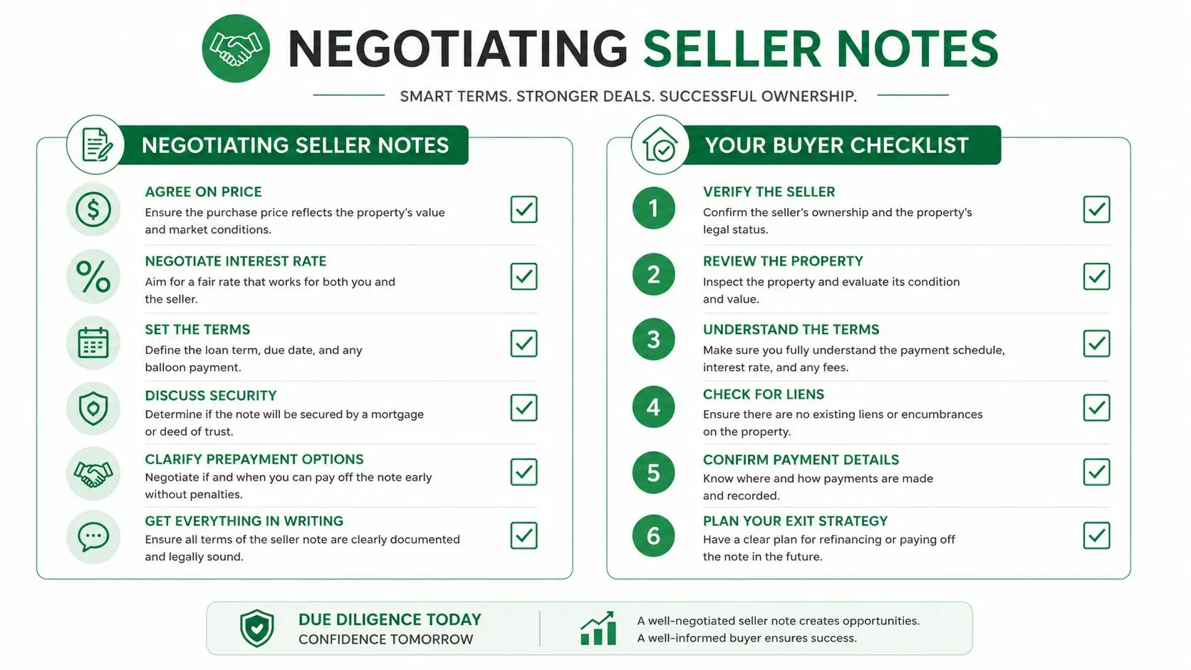 A professional infographic outlining key steps for negotiating seller notes and a buyer checklist for real estate transactions.