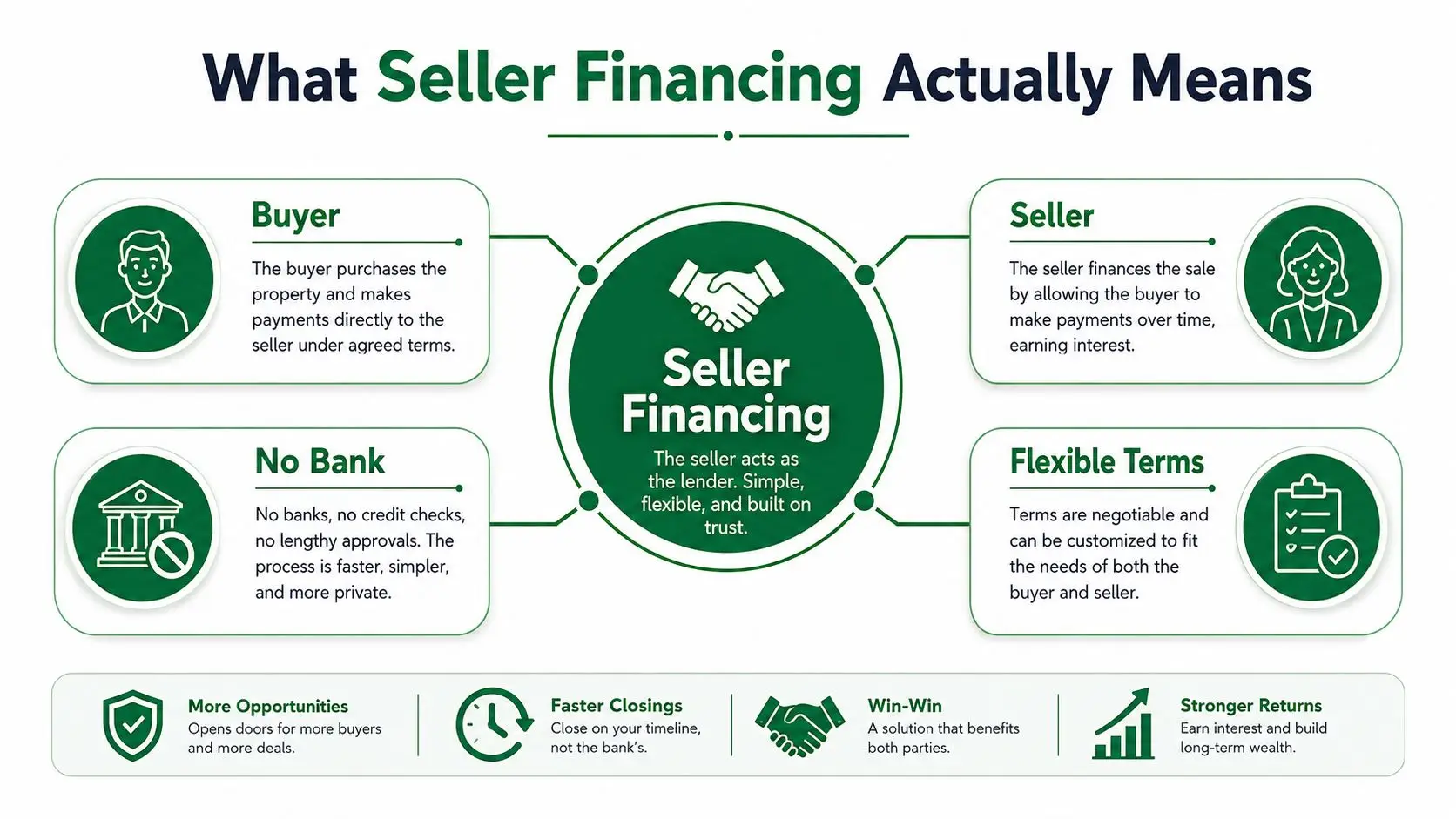 An infographic explaining the concept of seller financing for real estate transactions, detailing benefits for buyers and sellers.