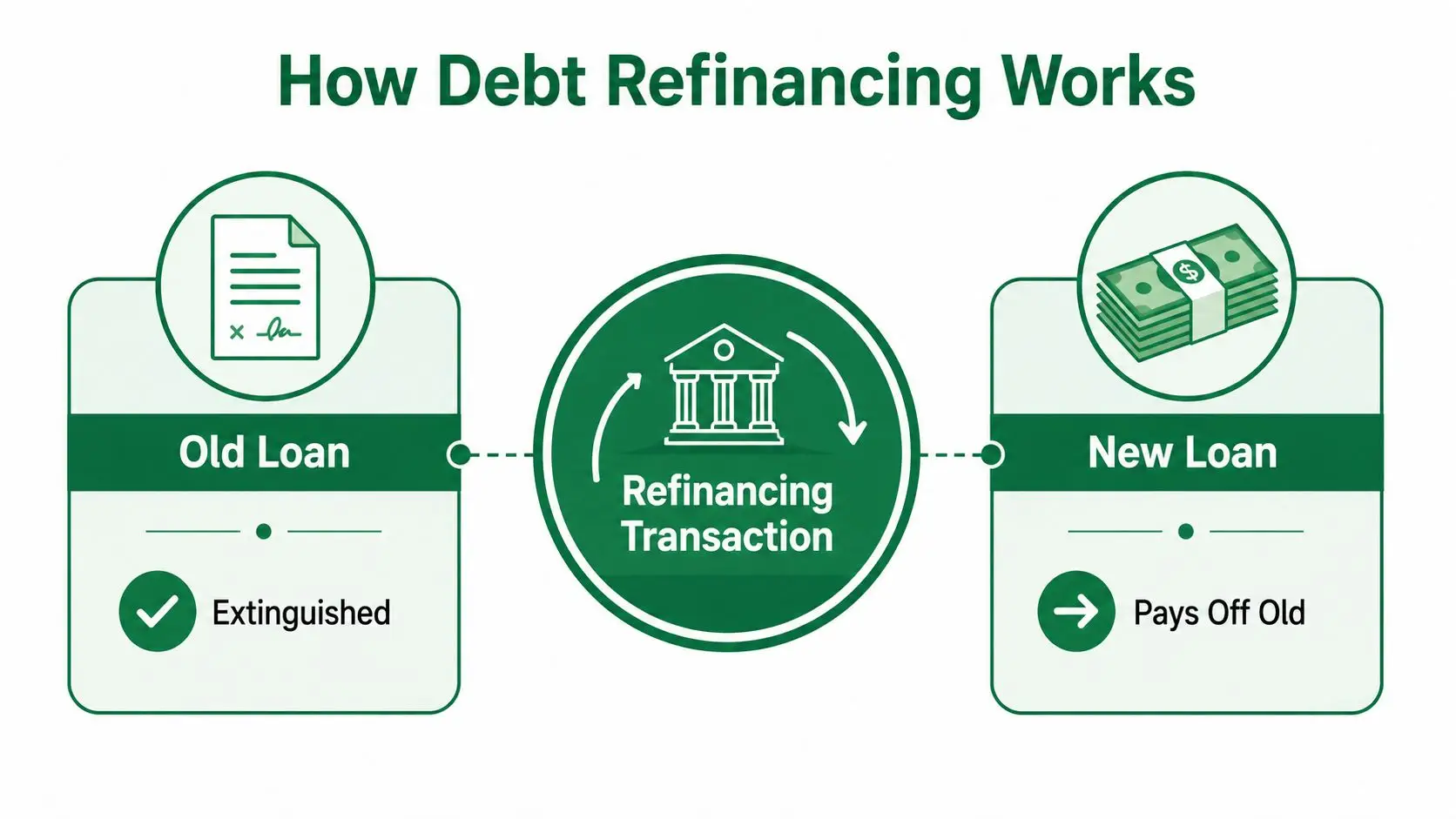 A diagram illustrating the debt refinancing process showing an old loan being extinguished by a new loan.