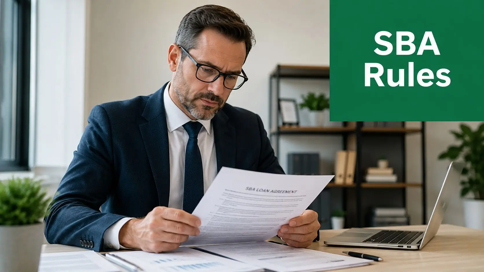A professional man in a business suit reviewing an SBA loan agreement document at his office desk.
