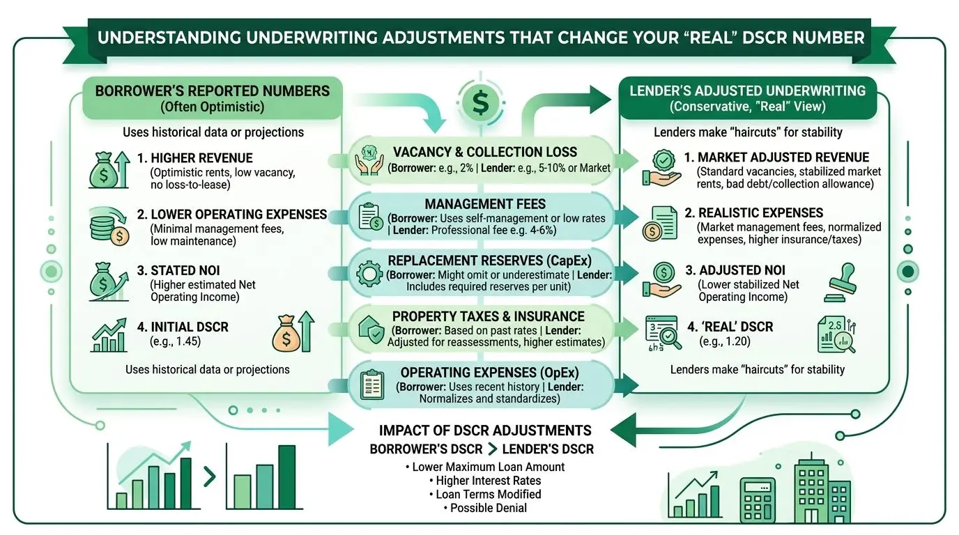 An infographic illustrating how lenders adjust borrower-reported numbers to calculate a conservative, real debt service coverage ratio.