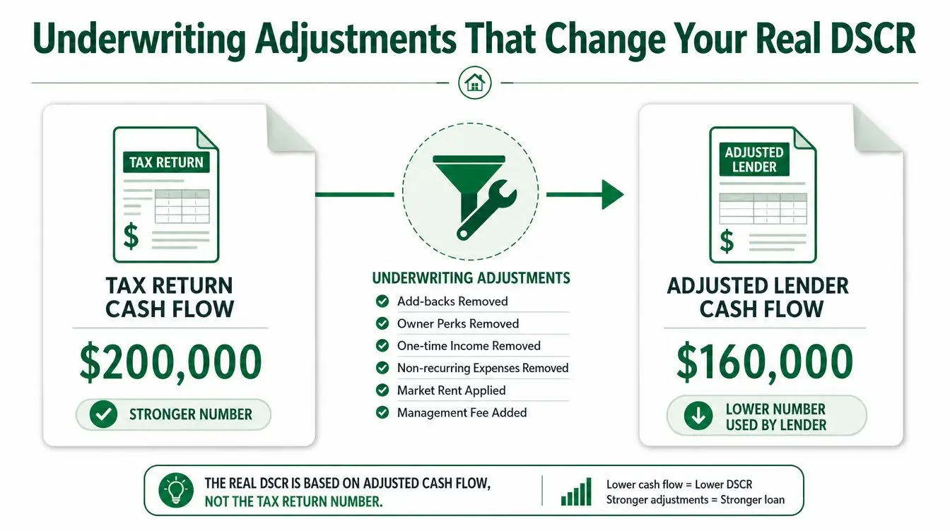 A diagram explaining how lenders adjust tax return cash flow to calculate the real debt service coverage ratio.