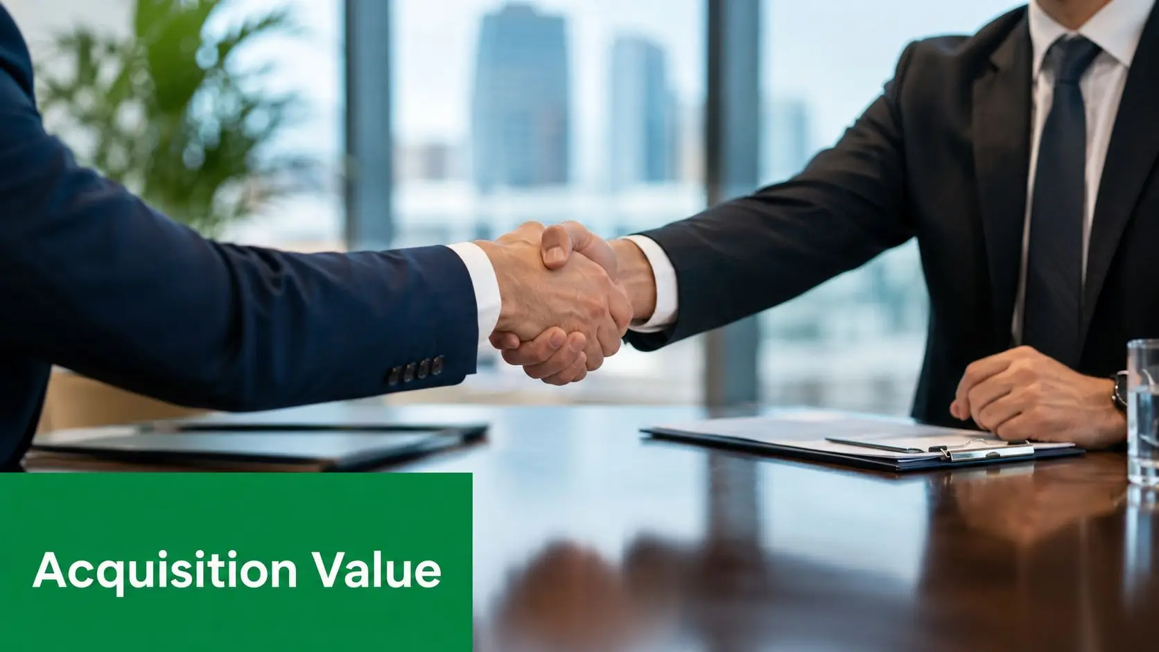 Two professional business people in suits shaking hands across a table after reaching an agreement.