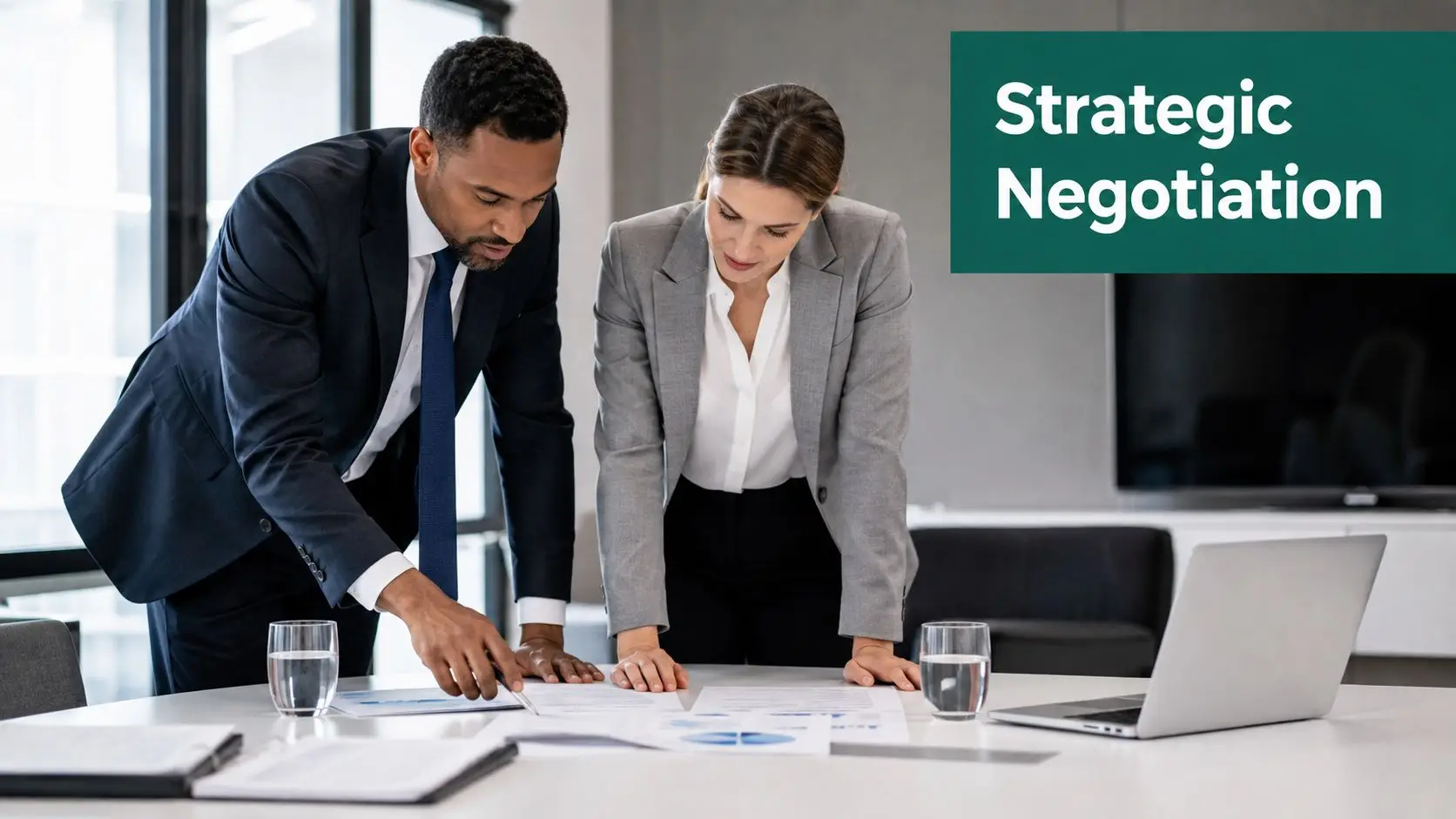 A professional man and woman in business attire collaborating over documents during a strategic negotiation session.