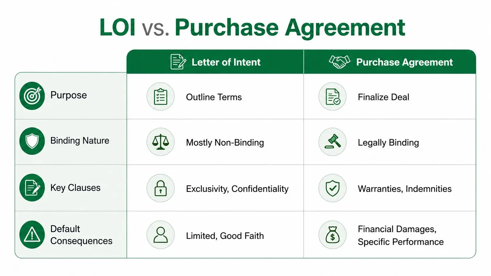 A comparison table outlining the key differences between a Letter of Intent and a Purchase Agreement.