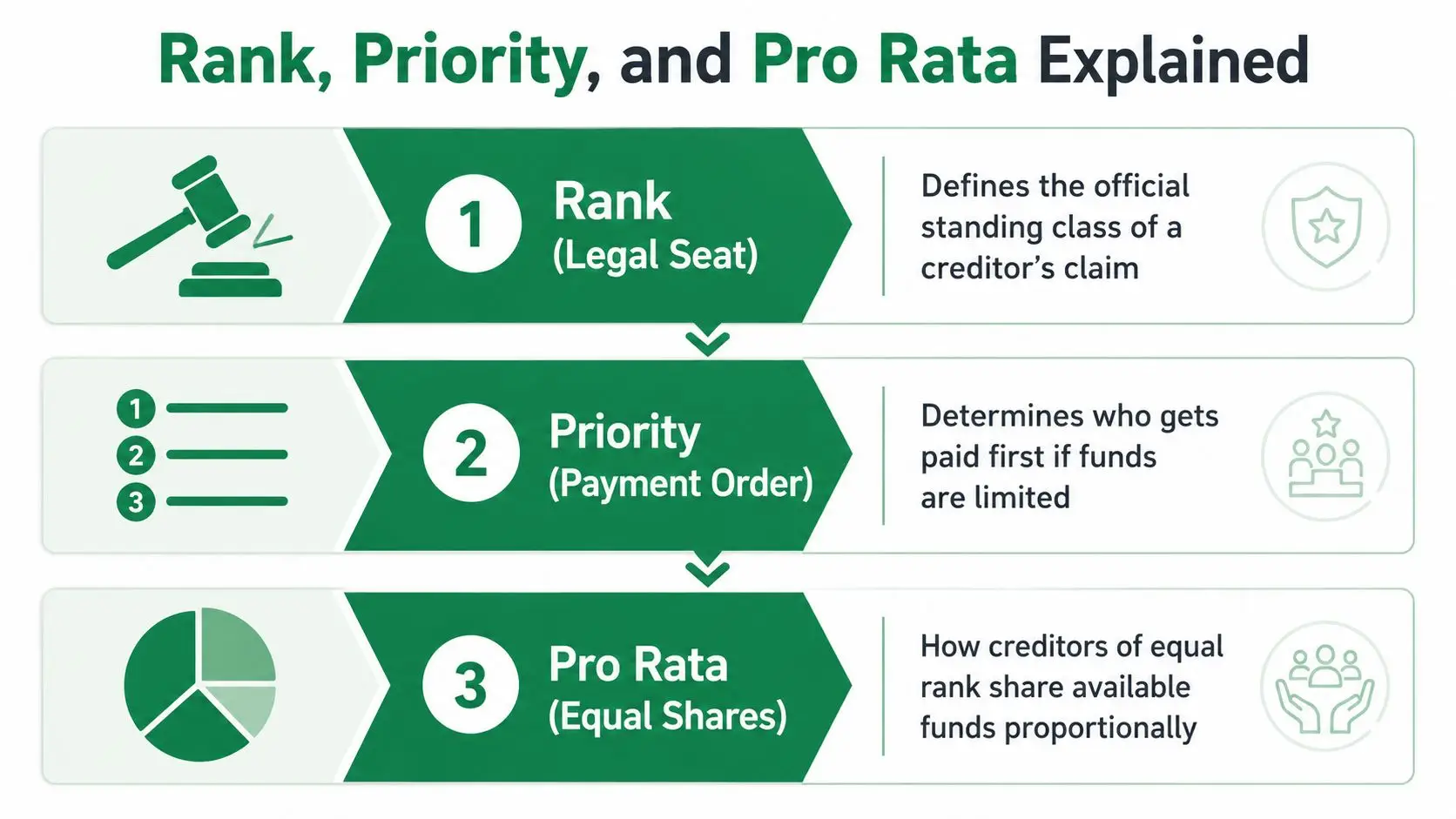 An infographic explaining the concepts of rank, priority, and pro rata in creditor claims.