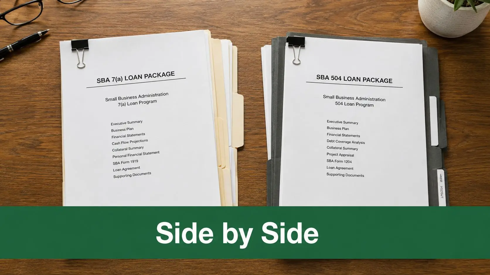 A top-down view of two loan application folders, one for SBA 7a and one for SBA 504 loans.
