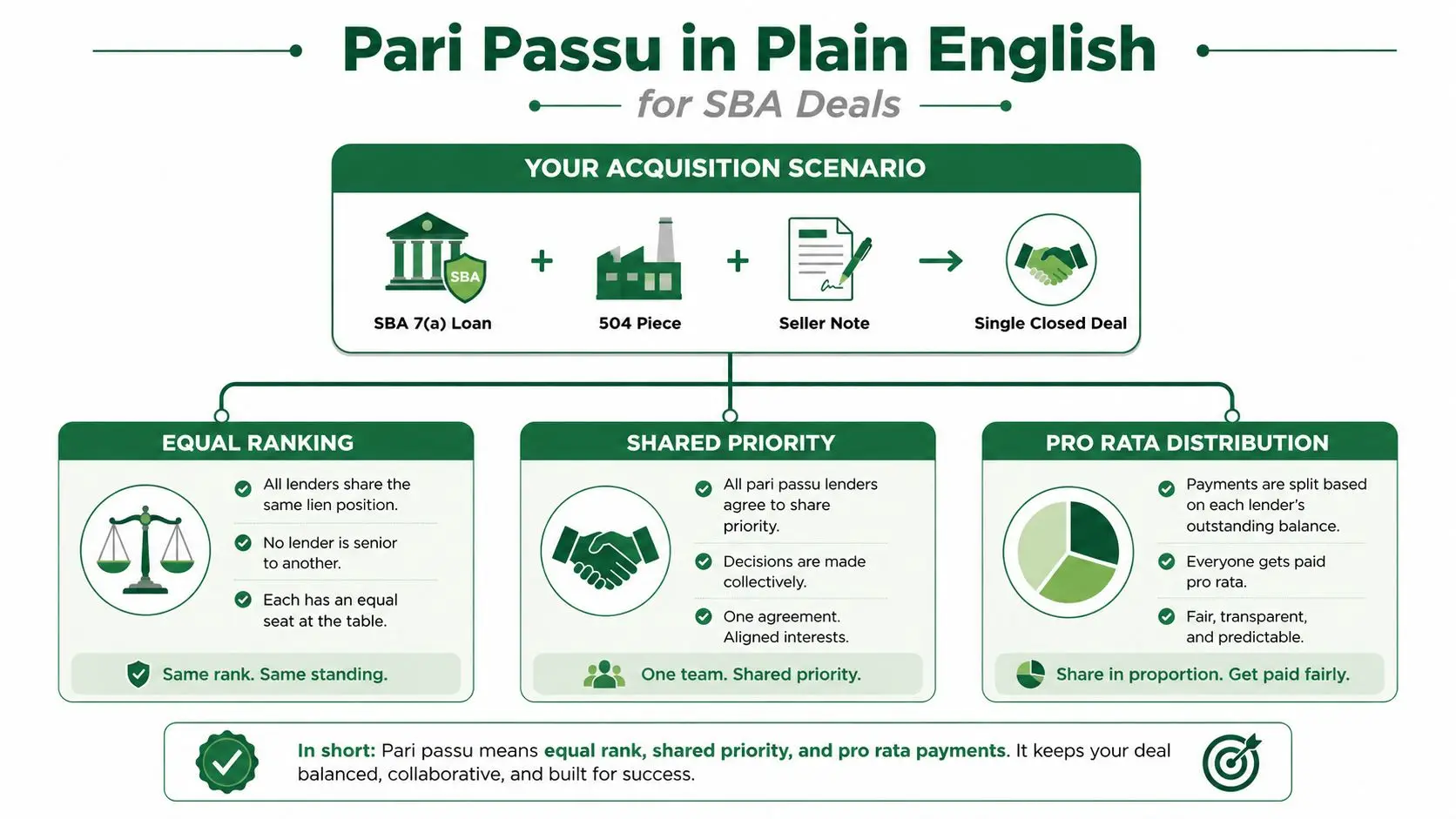 An infographic explaining the concept of pari passu in SBA loan deals with sections on equal ranking, shared priority, and pro rata distribution.