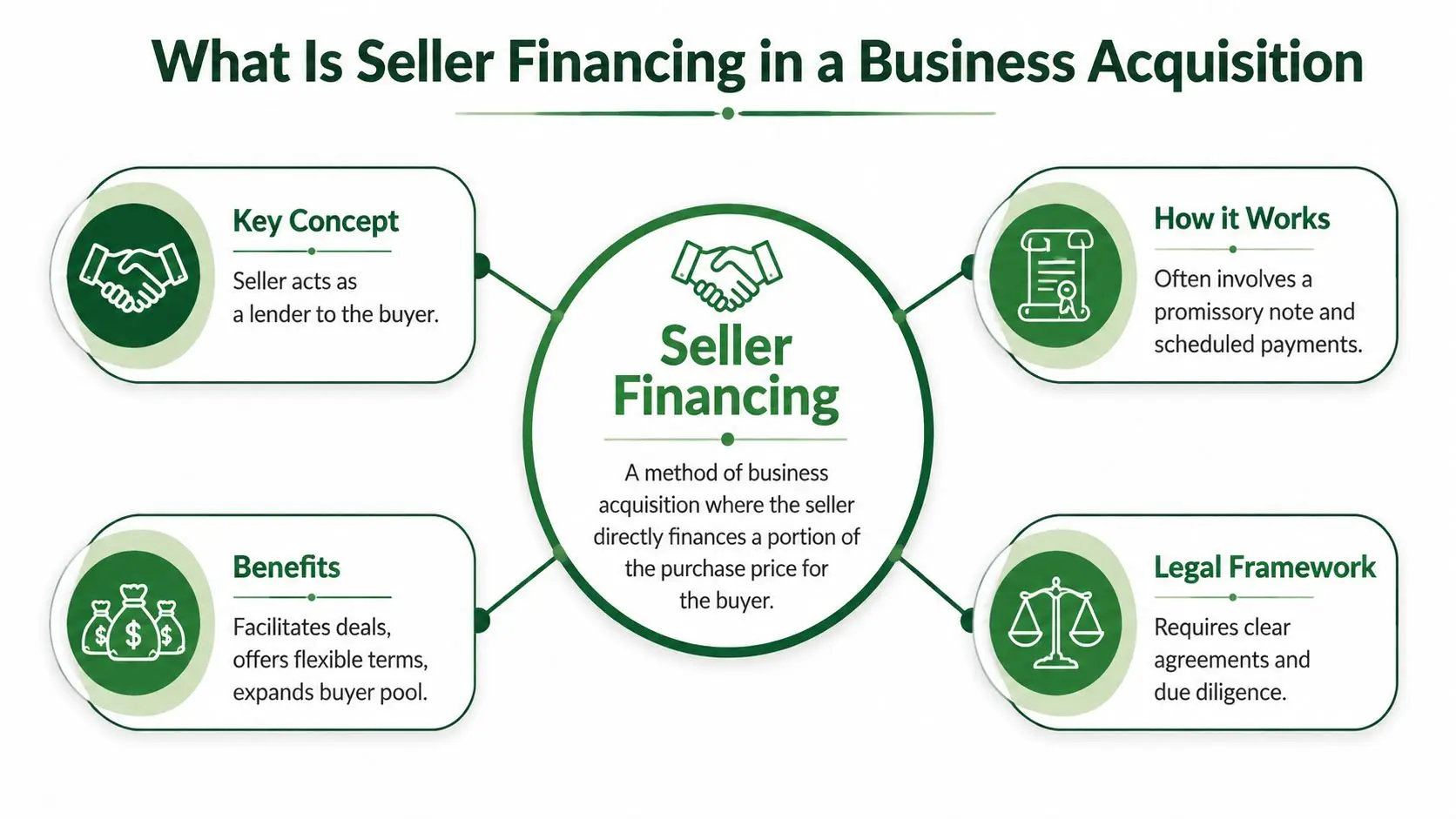 A diagram explaining seller financing in a business acquisition with sections for concept, benefits, mechanics, and legal.