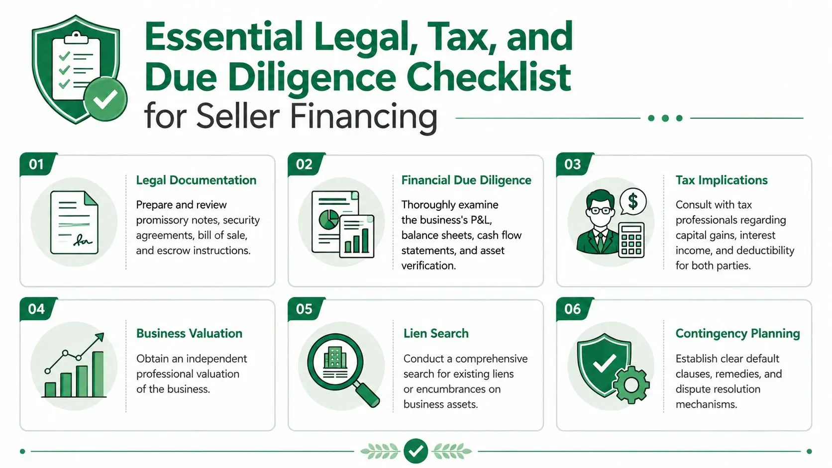 An infographic checklist outlining six essential steps for legal, tax, and due diligence in seller financing deals.
