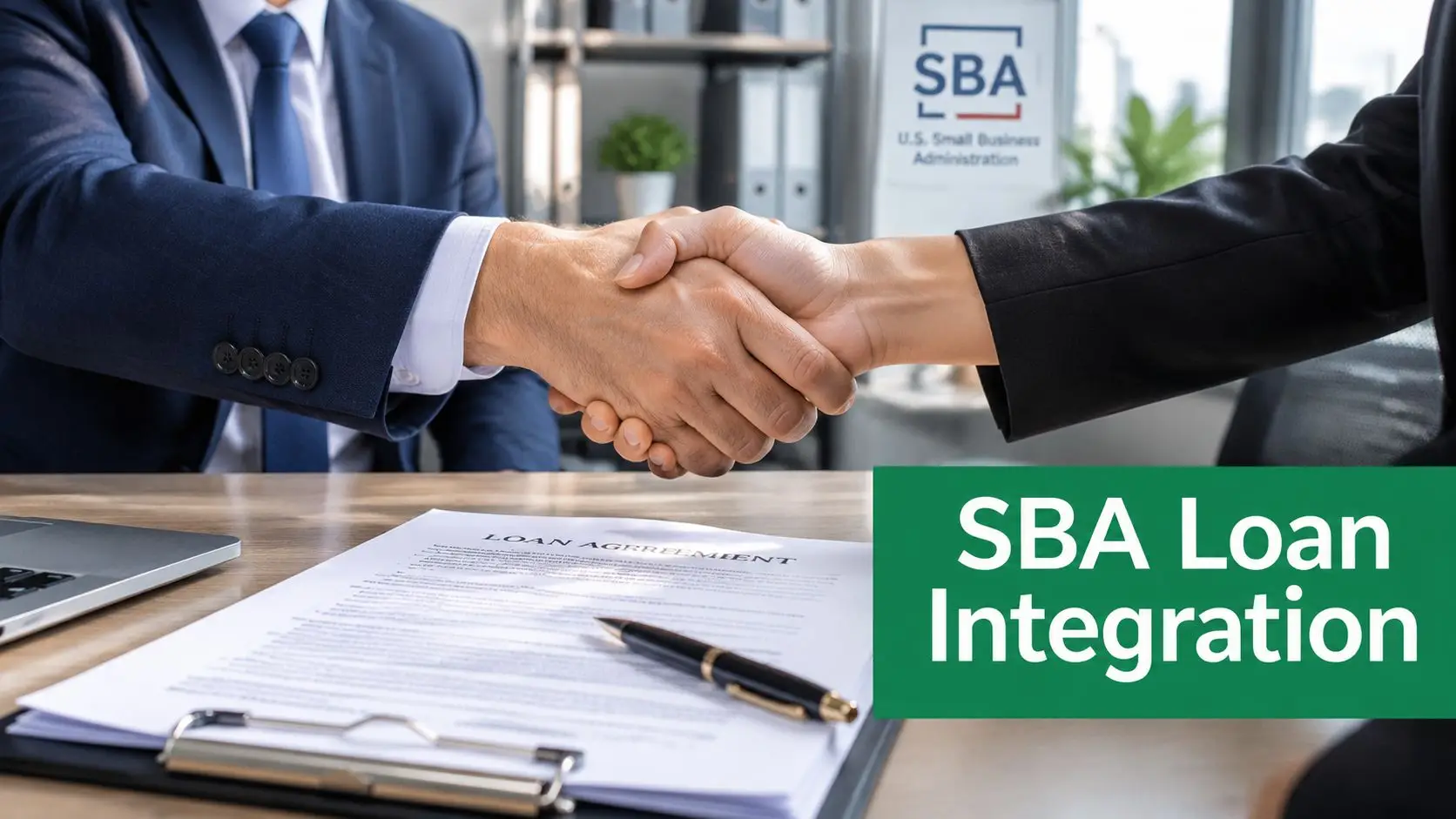 Two business professionals shake hands over a signed loan agreement representing an SBA loan integration process.
